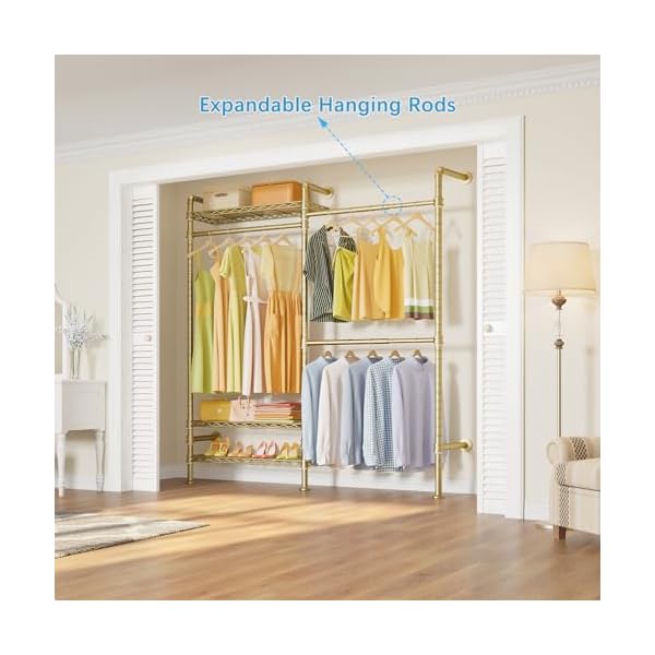 Timate f2 industrial pipe clothes rack wall mounted clothing rack for hanging clothes expandable garment rack heavy duty wardrobe closet organizer and storage adjustable industrial closet kit gold  urban country home decor