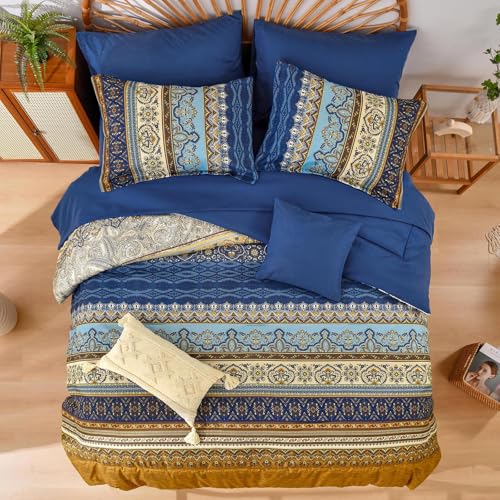 Image of Cottolester Boho Comforter Set Full Size 8 Pieces,Brown Blue Bohemian Comforter Paisley Striped Bed in A Bag,Soft Microfiber Bedding Set for All Season