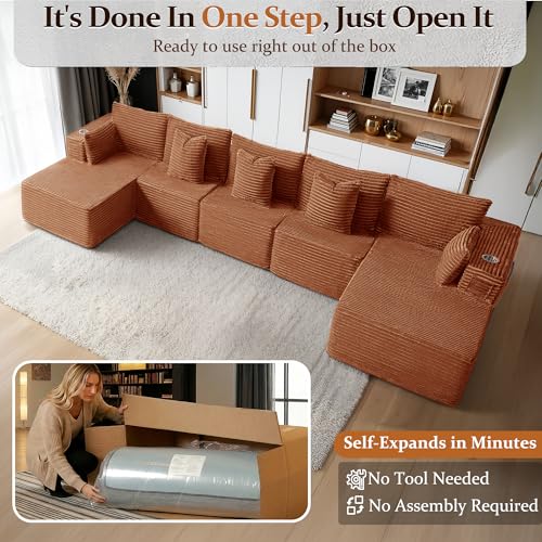 Image of 168 inch Cloud Sectional Couch, Comfort U Shaped Sofa for Living Room, Extra Deep Seats No Assembly, Minimalist Modular Couch, Corduroy (Deep Orange, 7 Seats,U-Shape C)