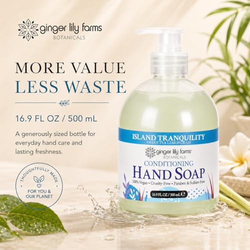Image of Ginger Lily Farms Botanicals Conditioning Liquid Hand Soap, Island Tranquility, 100% Vegan & Cruelty-Free, Green Tea Lemongrass Scent, 16.9 Fl Oz