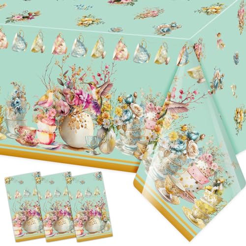 WorldBazaar 3 Pack Tea Party Tablecloth Plastic Floral Tablecloths 54 X 108 Spring Summer Decorations Tea Party Supplies Women Girls Spring Holiday Birthday
