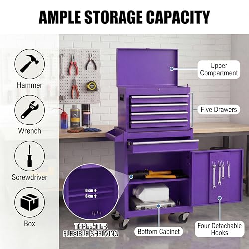 Image of Goplus Rolling Tool Chest, 5-Drawer Tool Box Organizer w /Lockable Wheels & Sliding Drawers & Detachable Top & Adjustable Shelf, Tool Storage Cabinet for Garage Workshop
