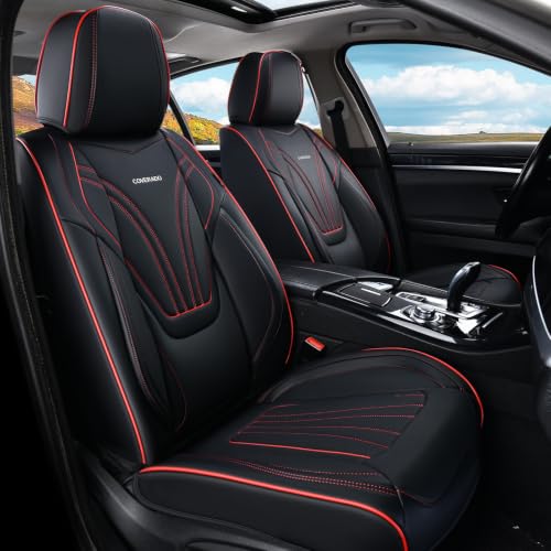 Image of Coverado Car Seat Covers Front Seats, 2 Piece Car Seat Protector with Lumbar Support & Removable Headrest, Breathable Leather Seat Cushion Universal Fit for Truck Automotive Vehicles Black & Red