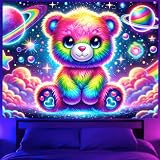BlissYard Glowing Tapestry Blacklight Teddy Bear UV Reactive Rainbow Tapestry Neon Glow In the Dark Wall Hanging Decoration Kids’Bedroom Living Room Party Backdrop 59X78 inch Photo Shoot Props