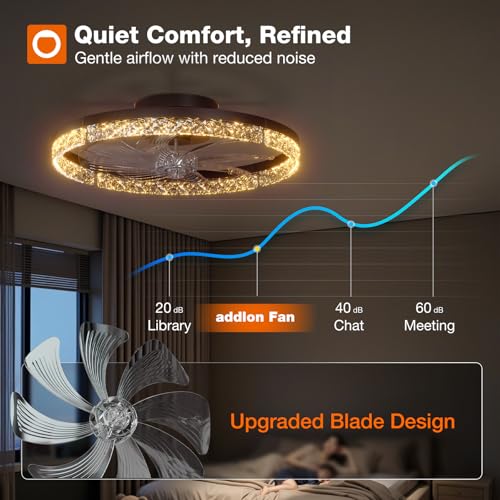 Image of addlon Ceiling Fans with Lights and Remote, 20'' Low Profile Ceiling Fans, 3000-6000K Dimmable Modern Flush Mount LED Fan Light, Fandelier Ceiling Fan for Bedroom, Kitchen, Living Room, Black