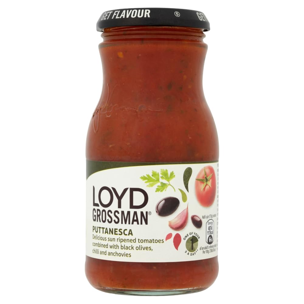 Loyd Grossman Italian Puttanesca Sauce – Tomato, Olive & Anchovy Infusion, Authentic Italian Style, 350 g Jar (Pack of 1)