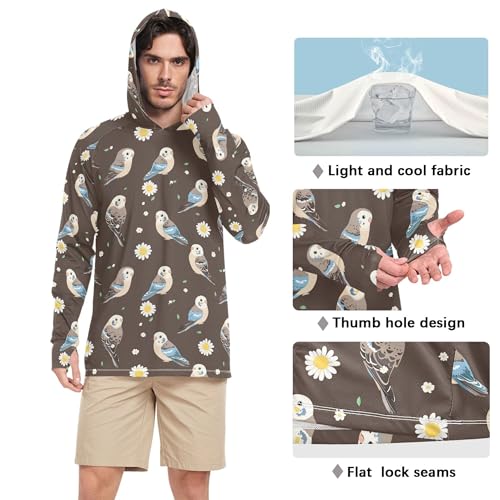 Cute Budgerigar Brown Men's Sun Shirts Hoodies Long Sleeve Beach Hoodie Swim Shirt UPF 50+ S4