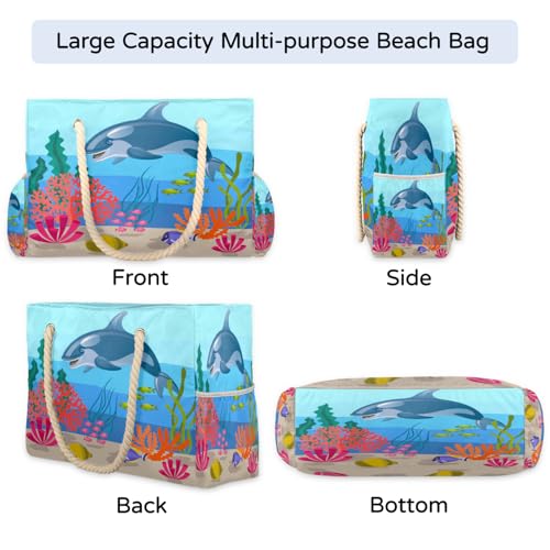 Cartoon Shark Fish Coral Beach Bag for Women Waterproof Sandproof Tote with Zipper Cotton Rope Handles for Travel Pool Gym Shopping4