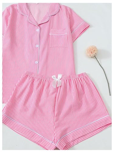 Image of BEAUDRM Women's Two Piece Pajama Sets Allover Print Short Sleeve Sleepwear Button Down Shirt and Bow Shorts Pj Set Loungewear