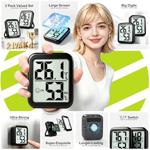 Antonki 2-Pack Hygrometer Indoor Thermometer Room Thermometer Indoor Digital Temperature and Humidity Monitor Humidity Sensor Meter for Home Terrarium Incubator Greenhouse - Battery Included