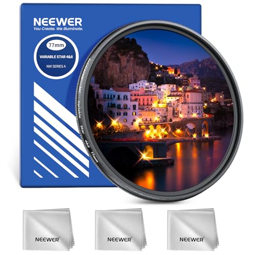 NEEWER 77mm Filtro Stella Regolabile a 4/8 Punti, Filtro Starlight Scintillante a Croce per Lente Fotocamera, Telaio in Metallo Sottile e 3 Panni Pulizia per Fotografia Notturna Gioielli Architettura