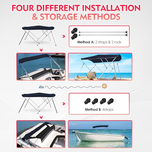 Image of Bimini Tops for Boats, Navy 3 Bow L6' x W67-72 x H46, 900D Polyester Bimini Top, 2 Rear Support Poles and Storage Boot, 4 Adjustable Nylon Straps