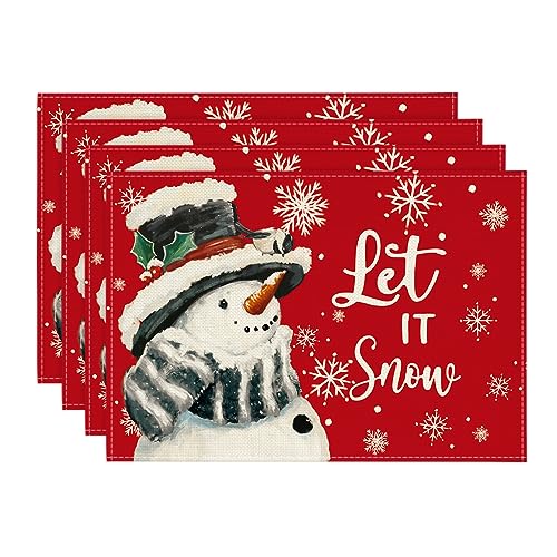 Artoid Mode Snowman Let It Snow Snowflakes Christmas Placemats Set of 4, 12x18 Inch Seasonal Winter Table Mats for Party Kitchen Dining Decoration