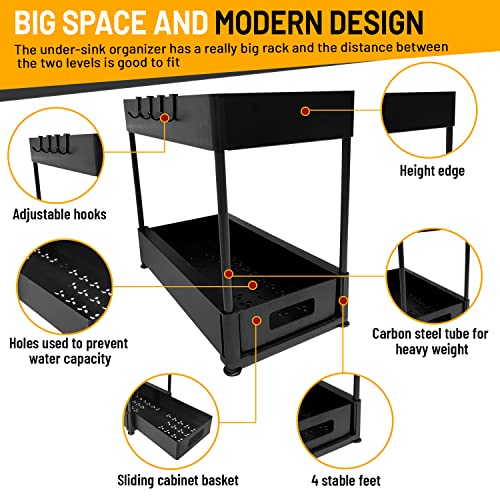 2 Tier Under Sink Organizer And Kitchen Storage, Bathroom, Office Organizer, 2 Tier Multi Purpose Organizer Under Cabinet Drawer Slide Out Under Sink Organizer, Black Pull Out Cabinet Basket Shelf. #TOP2