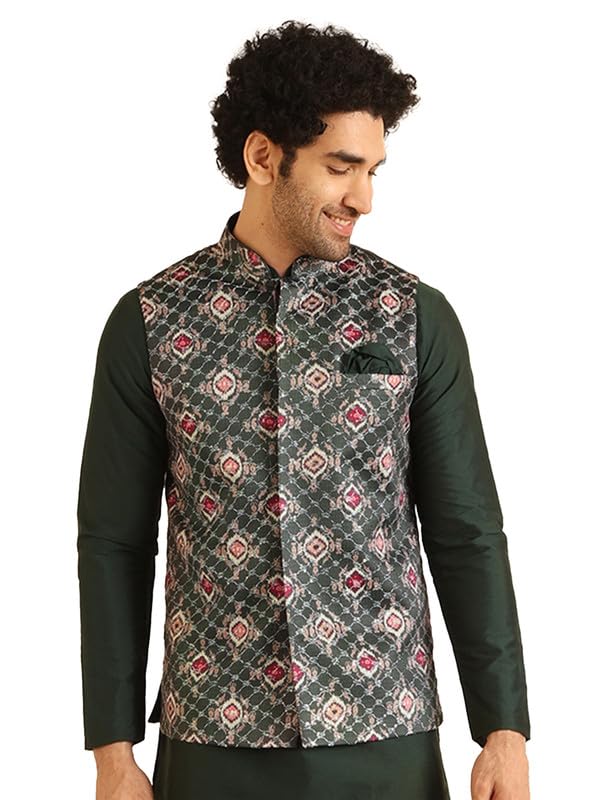 kisah Men's Nehru Jacket, Bottle green Silk Blend, Embroidered Regular Fit Mandarin Collar Sleeveless-picture-13