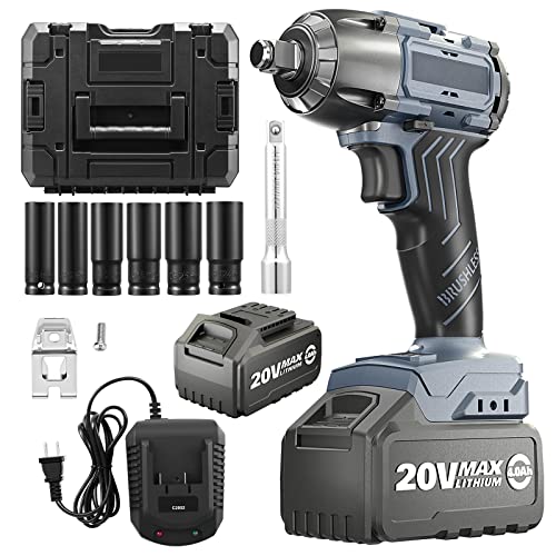 Wssey Cordless Impact Wrench 1/2 Inch Electric Brushless Impact Wrench 2800Rpm/2300Rpm High Torque Impact Gun 475Ft-Lb/650Nm With 2 * 4000Mah Removable Battery, 6 Sockets, Fast Charger, Extension Rod #TOP23