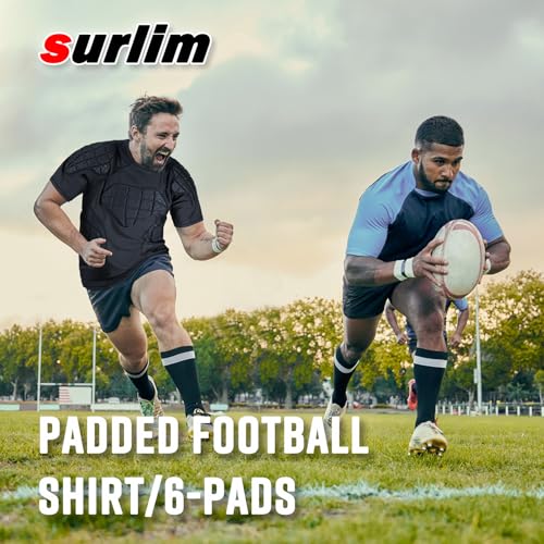 surlim Padded Football Shirt Padded Compression Shirt Football Rib Protectors Shoulder Chest Protectors Football Undershirt Padded (Black, M)