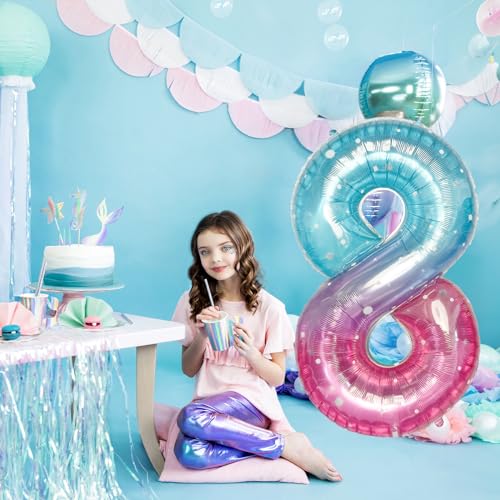 Image of Purple Teal Number 8 Balloons, 40 Inch Giant Mermaid Starry Mylar Foil Number 8 Ballon for Girls, Self Inflating 8th Birthday Helium Balloon for Women 8th Anniversary Party Decorations Supplies
