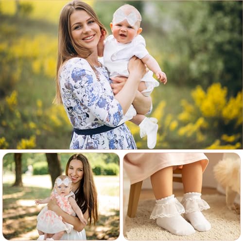 Baby Lace Bow Headband and Sock Set Toddler Ruffle Cotton Socks White Elastic Christening Headbands Hair Accessories for Infant Newborn (0-12 Months)2