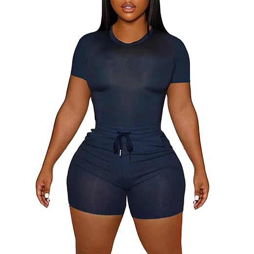 LovelyWholesale Women's 2 Piece Outfits Short Sleeve Crop Top and Skinny Shorts Tracksuit Sets Navy Blue X-Large