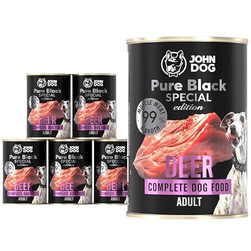 JOHN DOG Hundenassfutter Hirsch - Premium Getreidefreies Hundefutter mit 99% Fleisch - Monoprotein Nassfutter für ausgewachsene Hunde - Pure Black Special Edition 6 x 400g