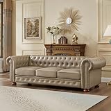 N NOORDENIYA Chesterfield Leather Sofa, 89" Mid Century Modern Couch with Low Back, Roll Arm Nailhead Trim Classic 3 Seater Couch for Living Room, Office, Apartment, PU Khaki