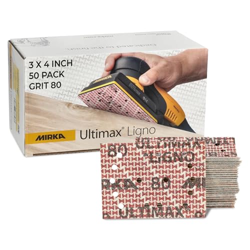 Image of Mirka Ultimax Ligno 3x4 in 80 Grit Wood Sanding Sheets Hook & Loop 50 Pack | Woodworking Sandpaper for Orbital Sanders with Multifit Holes, Fast, Even Cut and Dust Extraction on Hardwood and Softwood