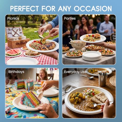 Image of Bonkaso 9 Inch, Pack of 100 Bagasse Disposable Round Plates (White)| Eco-Friendly Sugarcane Paper Plates | Biodegradable, Compostable & Sturdy | Ideal for Snacks, Desserts, Parties, Weddings & Events