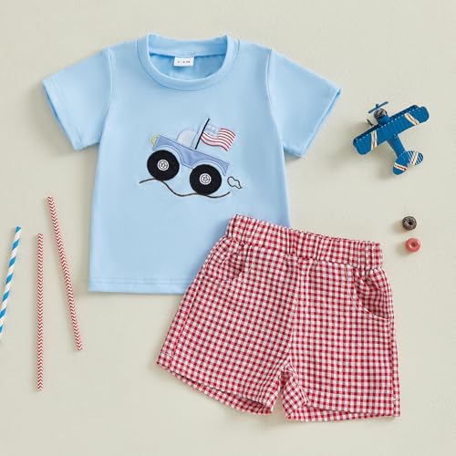 Image of 4th Of July Toddler Boy Outfit Popsicle American Flag T-Shirt and Gingham Plaid Shorts Set Independence Day Clothes