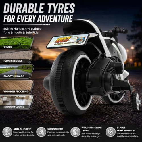 Image of MEKASHI 6V Electric Ride-On Bike for Kids with Bluetooth Music (White) | Realistic styling with LED headlight, rechargeable battery & smooth ride performance for toddlers aged 1-4 years