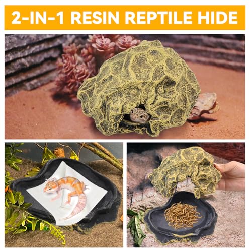 Image of Small Hideout for Reptiles,Reptile Hide Cave Resin Gecko Habitat Decor 2 in 1 Multi-Functional Leopard Gecko Tank Accessories Hideout with Detachable Base as Food Bowl