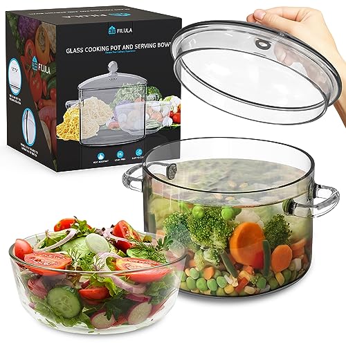 FILULA Glass Pots For Cooking on Stove - 1.9L/64oz - Heat-Resistant Glass Cooking Pot with Lid, Microwave and Dishwasher Safe, Glass Saucepan, Simmer Pot - Includes Bowl