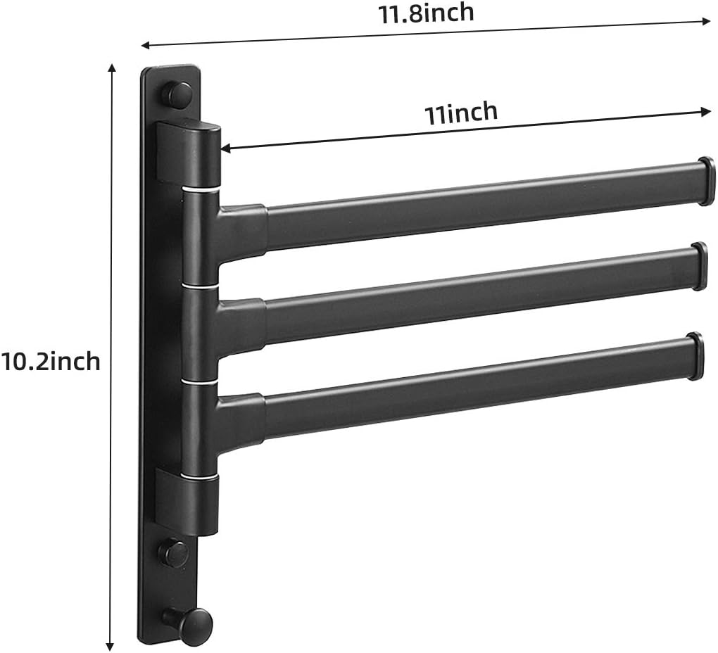 Swivel Hand Towel Bar Bathroom Swing Hanger Towel Rack Holder Matte Black Finish, Wall Mounted, 3-Arm