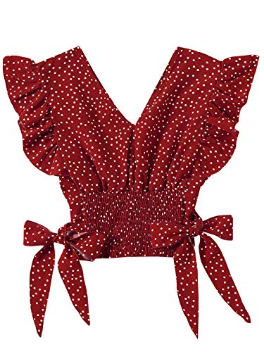 LYANER Women's V Neck Ruffle Cap Sleeve Side Bow Knot Shirred Hem Blouse Crop Tank Top2