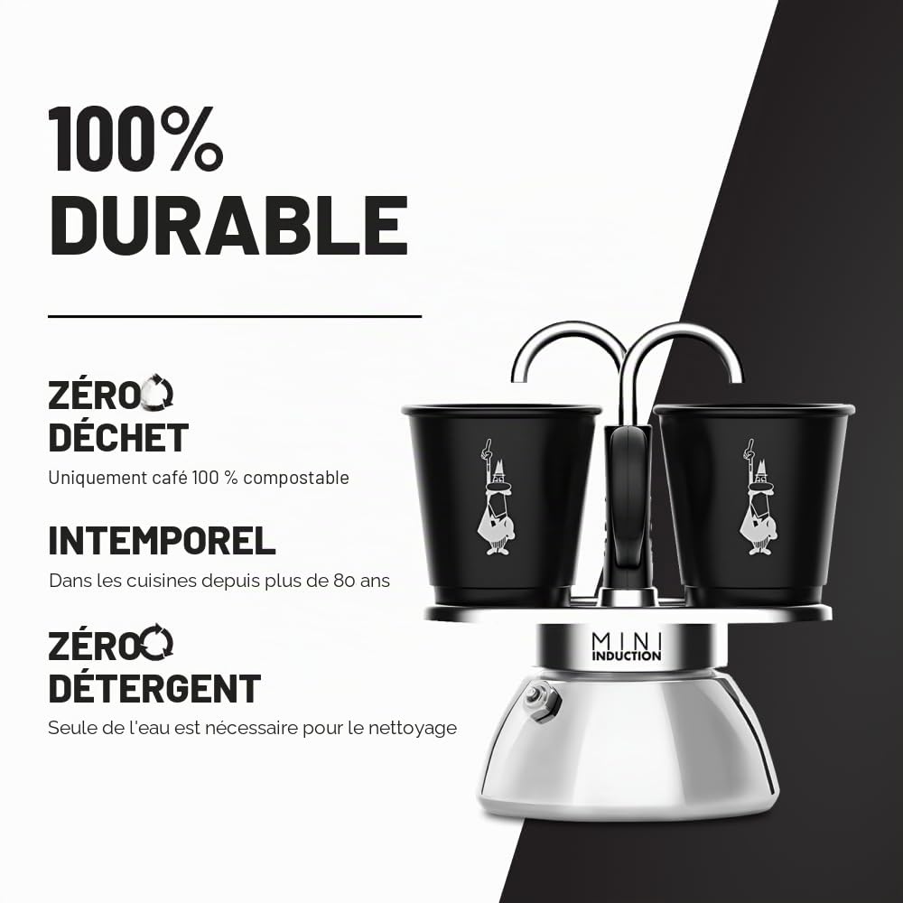 Bialetti Mini Express Induction, cafetière à induction, 2 tasses (100 ml), convient à tous types de feux, noir
