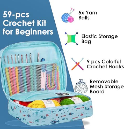 Image of TheWooly Wonders Beginners Crochet Kit, Adults Include 5 Yarns, 59pcs Crochet Starter Kit for Beginners Kids, Crochet Hooks, Stitch Markers, Storage Bag, All in One (Blue Crochet Bag)
