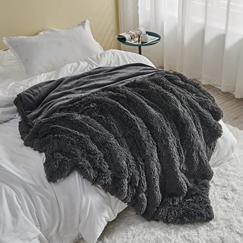 GONAAP Fuzzy Faux Fur Throw Blanket Queen Size Dark Grey Super Soft Cozy Plush Fuzzy Shaggy Blanket for Couch Sofa Bed (Dark Grey, Queen(90"x90"))