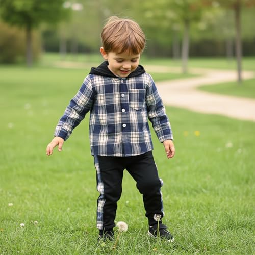 Image of FOCUTEBB Toddler Baby Boys Clothes Plaid Shirt Tops Hoodied Long Sleeve Sweatsuit Pants Fall Winter Outfits 12M-6T