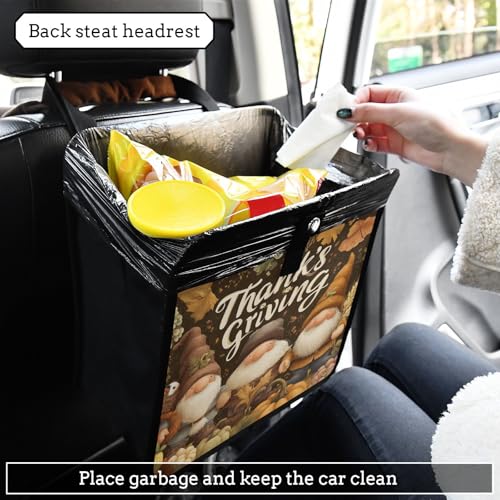 Image of Car Trash Can Organizer Bin with Adjustable Strap for Back Front Seat Console Waterproof Leakproof Collapsible Portable 8.66 Inch Autumn Gnomes Pumpkin Brown