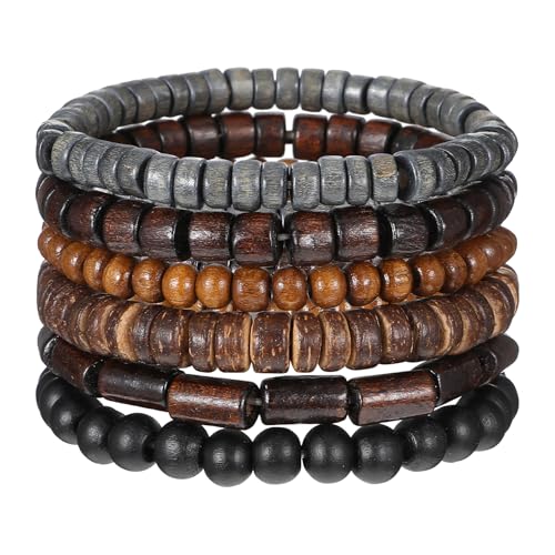Wooden Mens Beaded Bracelets 6 PCS Adjustable Elasticity Rope Vintage Multi-Layer Mens Bracelet Braided Leather Multilayer Grunge Set Cuff Wrap Bangles Detachable Bracelets for Men and Women