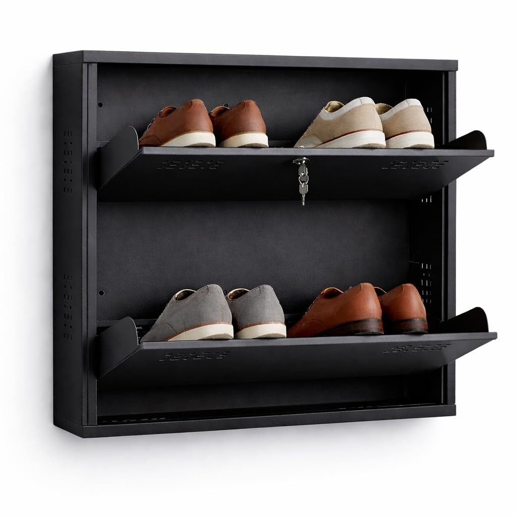 2 Shelf Metal Wall Mounted Shoe Rack with Lock| Space Saving Shoe Rack Cabinet for Home | Wall Mount Shoe Storage Organizer | Wall Mounted Shoe Cabinet (Brown)-image-13