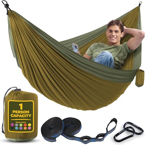 Image of Durable Hammock 400 lb Capacity, Nylon Camping Hammock Chair - Double or Single Sizes w /Tree Straps and Attached Carry Bag - Portable for Travel /Backpacking /Beach /Backyard (Medium, Khaki & Dark Green)