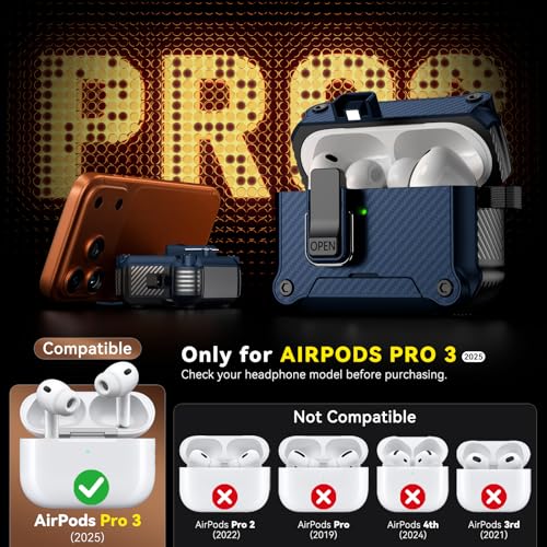 Image of Inesore for AirPods Pro 3 Case with Secure Lock (Dark Blue) | Phone Stand Design,Compatible with MagSafe,Automatic Snap Switch Secure Cover Carbon Fiber Texture with Cleaner Kit