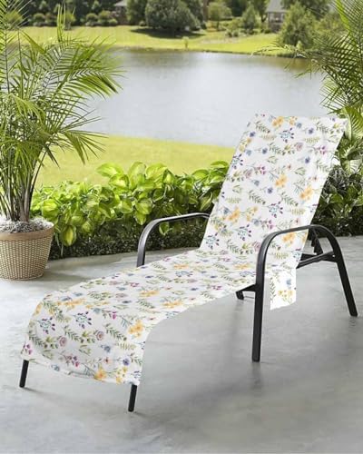 Botanical Flower Beach Chair Towel Covers for Chaise Lounge with Side Pocket, Soft Plush Pool Towels Cover for Patio Sunbathing Outdoor 29''x85'' Country Spring Leaves Plant White