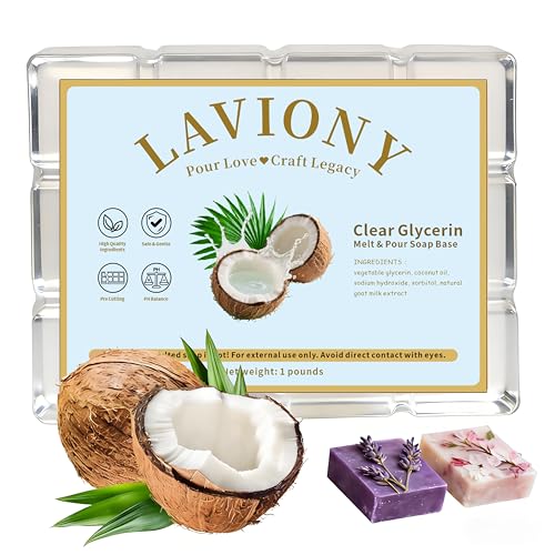 LAVIONY Soap Base - Moisturizing Melt Pour Soap Base for Crafting and Soap Making Pre-Cut All Natural Gentle on Skin Vegan and Cruelty-Free SLS/SLES Free Organic Soap Base (1LB Clear Glycerin)