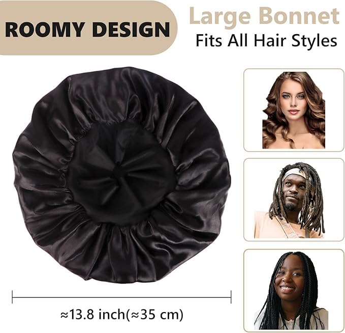 Image of 4 Pcs Double Layer Reversible Satin Bonnet, Large Sleeping Hair Bonnet, Soft Night Sleep Cap for Men, Women, Curly Hair and Braids, Black, Navy, Royal Blue, Wine Red