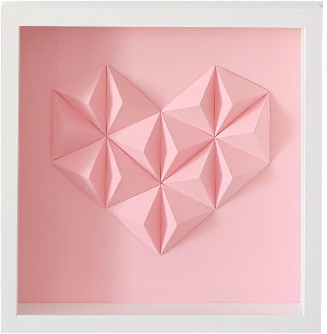 Heart Wall Art for Nursery Baby Room with Hand Made Origami displayed in a White MDF Frame Love Heart Decoration Decor Frame (Pink)