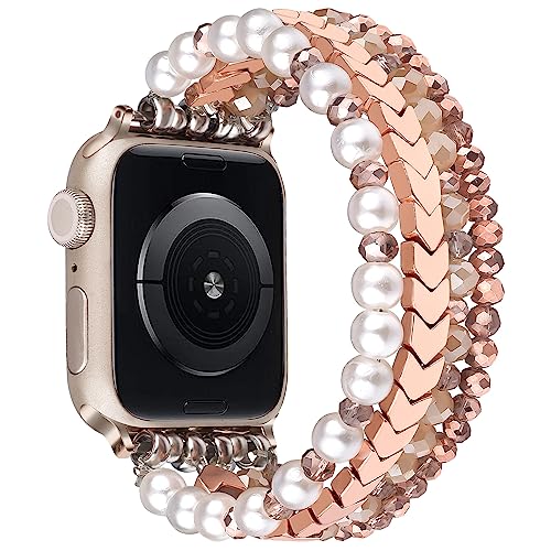 Image of MOFREE Beaded Bracelet Compatible for Apple Watch Band 38mm 40mm 41mm 42mm 44mm 45mm Women,Fashion Handmade Elastic Stretch Strap for iWatch Series SE 8 7 6 5 4 3 2 1