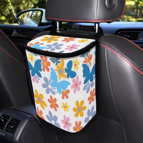 Image of Cute Hippie Flower Car Trash Can Bin Hanging Waterproof Automotive Garbage Cans Large Capacity Waste Basket Automotive Interior Organizer Accessory for Women