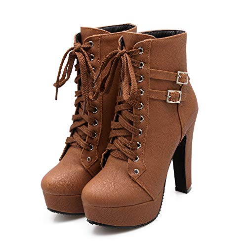Susanny Women Autumn Round Toe Lace Up Ankle Buckle Chunky High Heel Platform Knight Brown Martin Boots 8.5 B (M) US (CN Size_41) - Thumbnail 6